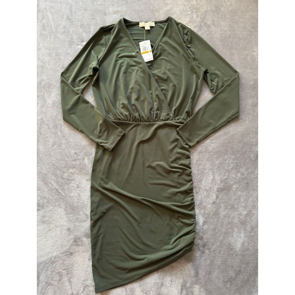 Olive Green Long-Sleeve Wrap Midi Dress